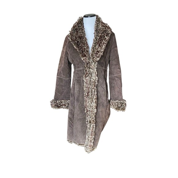 Vintage Y2K Marvin Richards Suede Penny Lane Faux Fur Trim Coat Size M Brown 70s - Picture 1 of 15